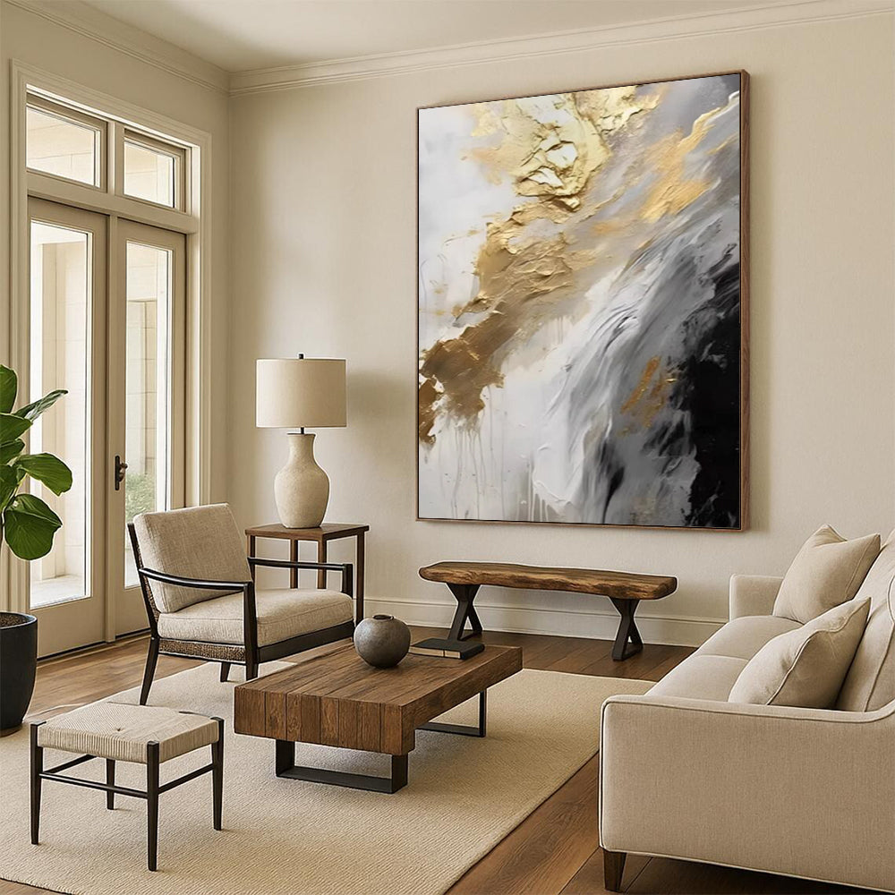 “Gold - White - Gray Flowing Abstract” - Gold, White, Gray Fluid Abstract Painting On Canvas DTP302