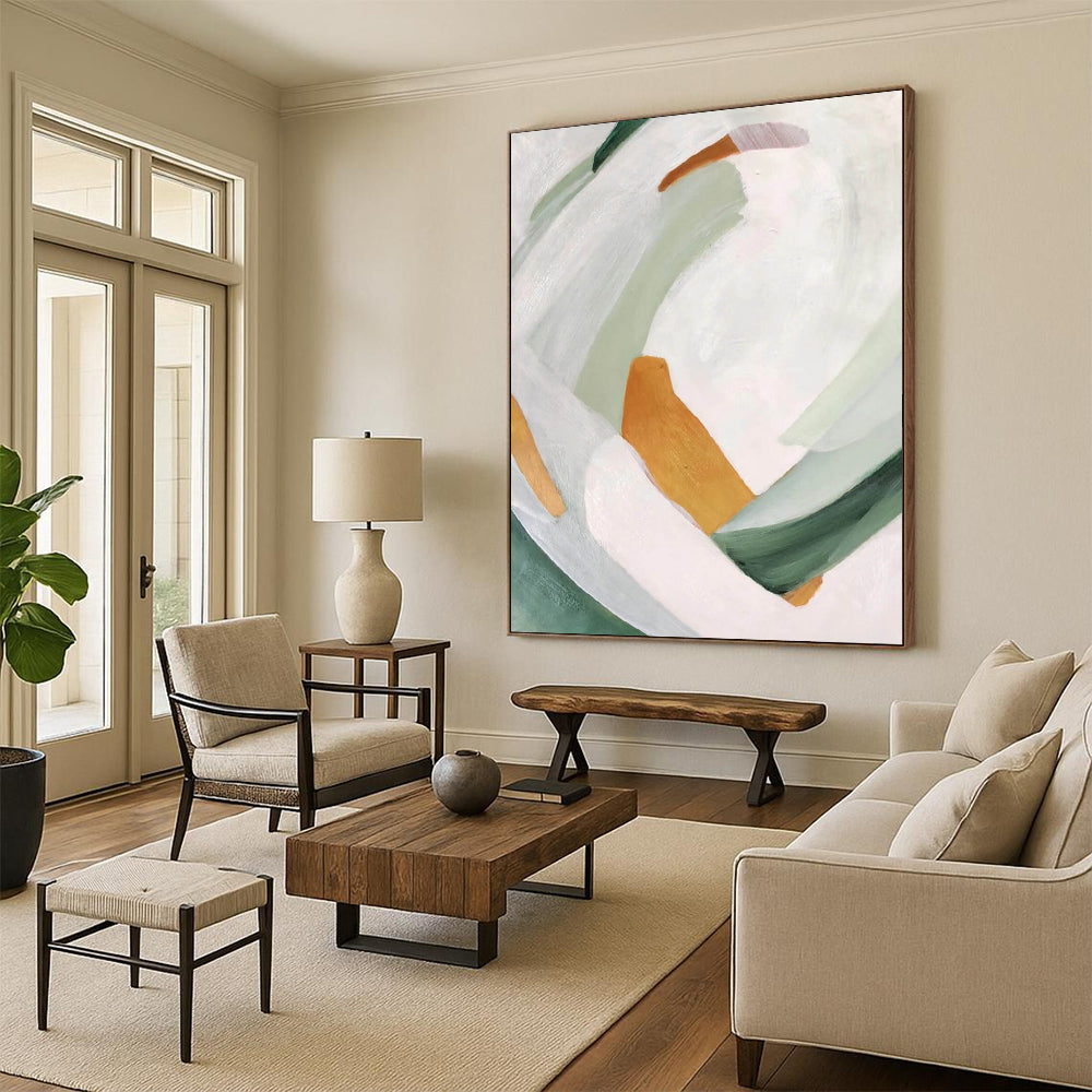 “Soft Color Block Abstraction” - White, Green, Orange Abstract Painting On Canvas DTP257