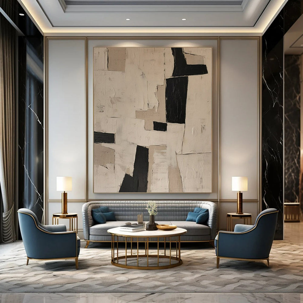 “Black - White Geometric Collage” ,Abstract Geometric Mixed - Media Art CT0955