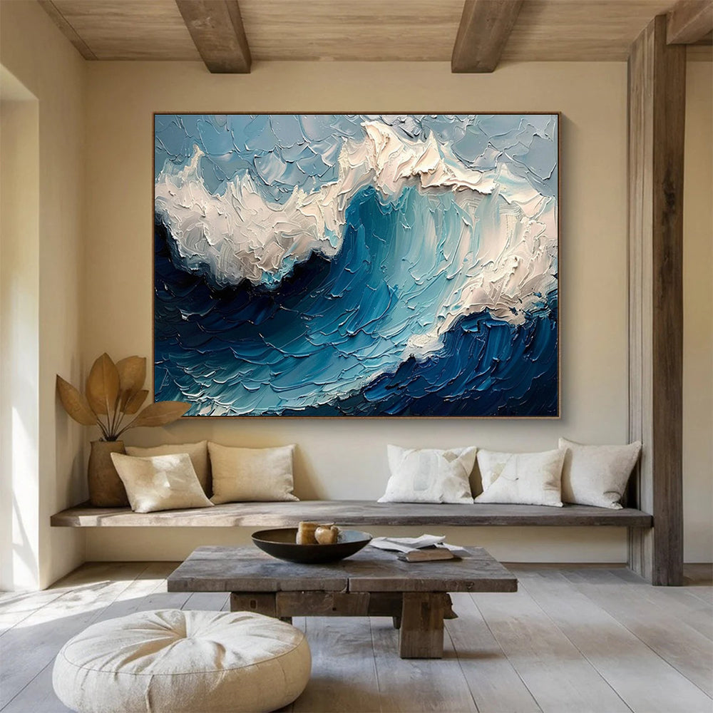 “Textured Ocean Wave” - Blue, White Impasto Seascape Painting On Canvas DKH766