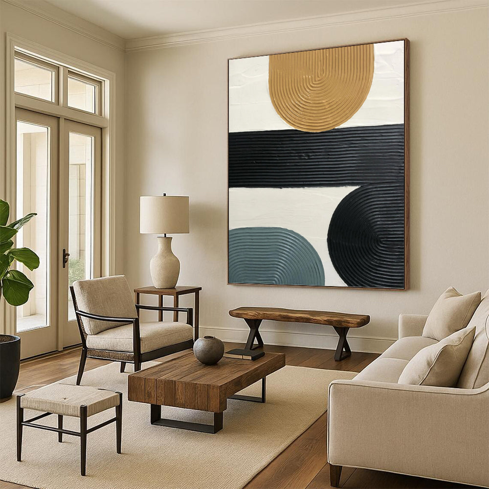 “Neutral Geometric Ribbons” - Black, Tan & Blue Textured Shapes Painting On Canvas DKH1177