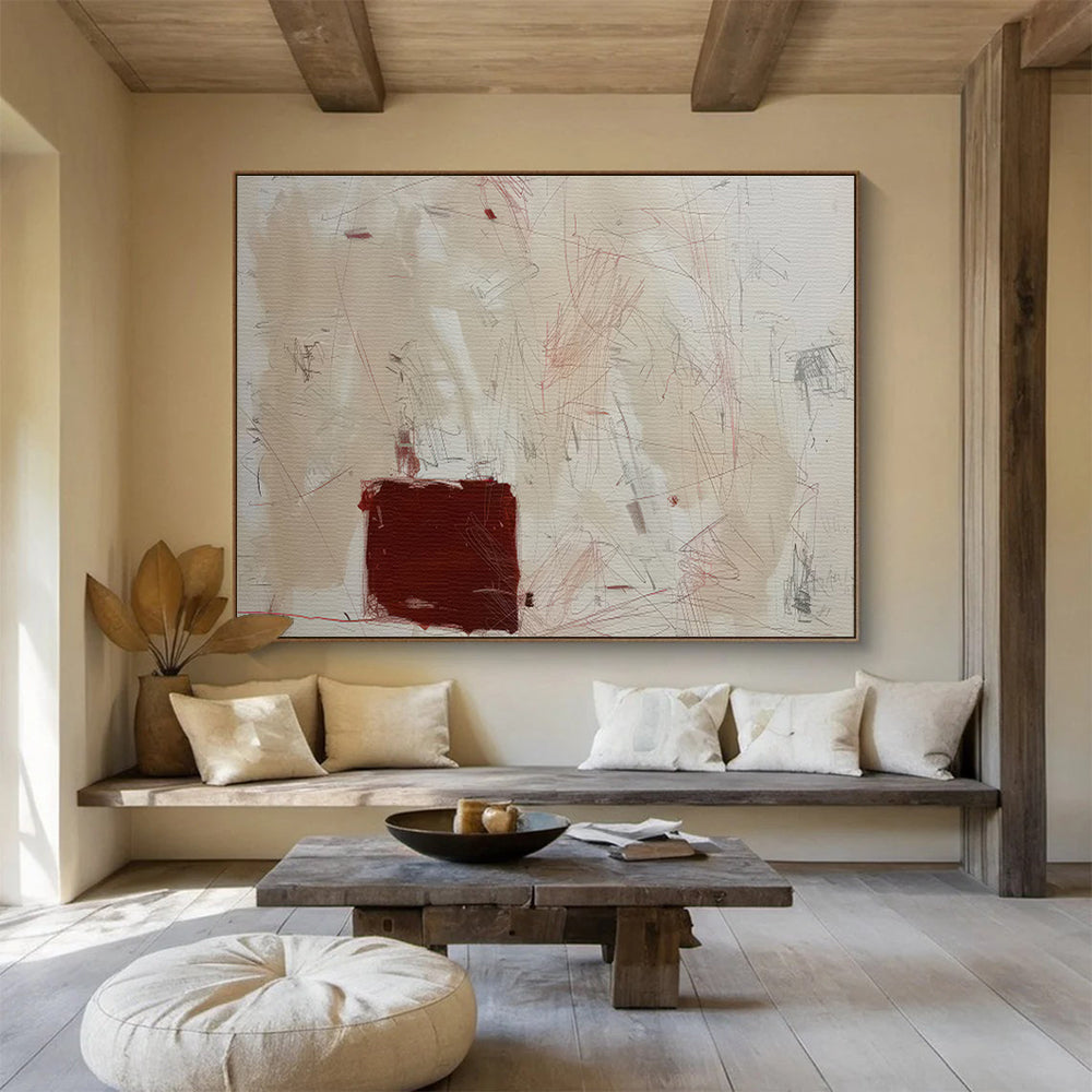 Beige, Red, and Gray Abstract “Subtle Creative Markings” Painting On Canvas DKH146