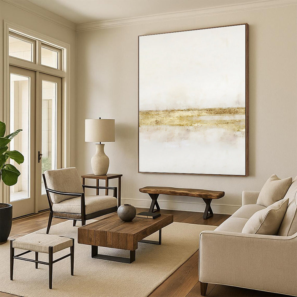 “Gilded Simplicity” - White & Gold Minimalist Stripes Painting On Canvas DKH1538