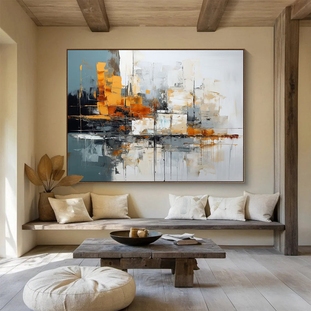 “Gray, Orange, White Urban ‘Cityscape Rhythm’” - Abstract Cityscape Painting On Canvas DLZ002
