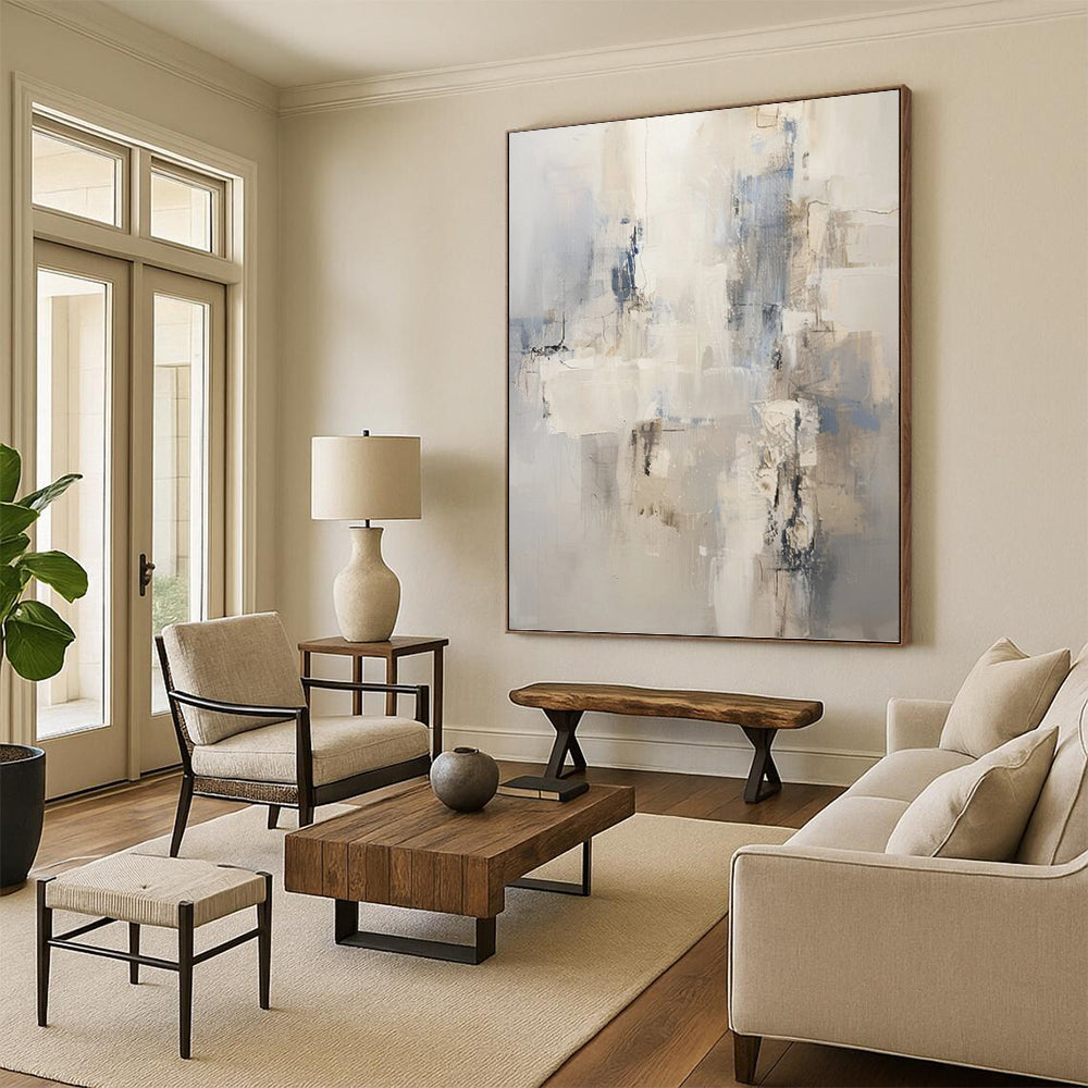 Neutral & Blue Abstract Forms - Abstract Composition Painting On Canvas DKH1249