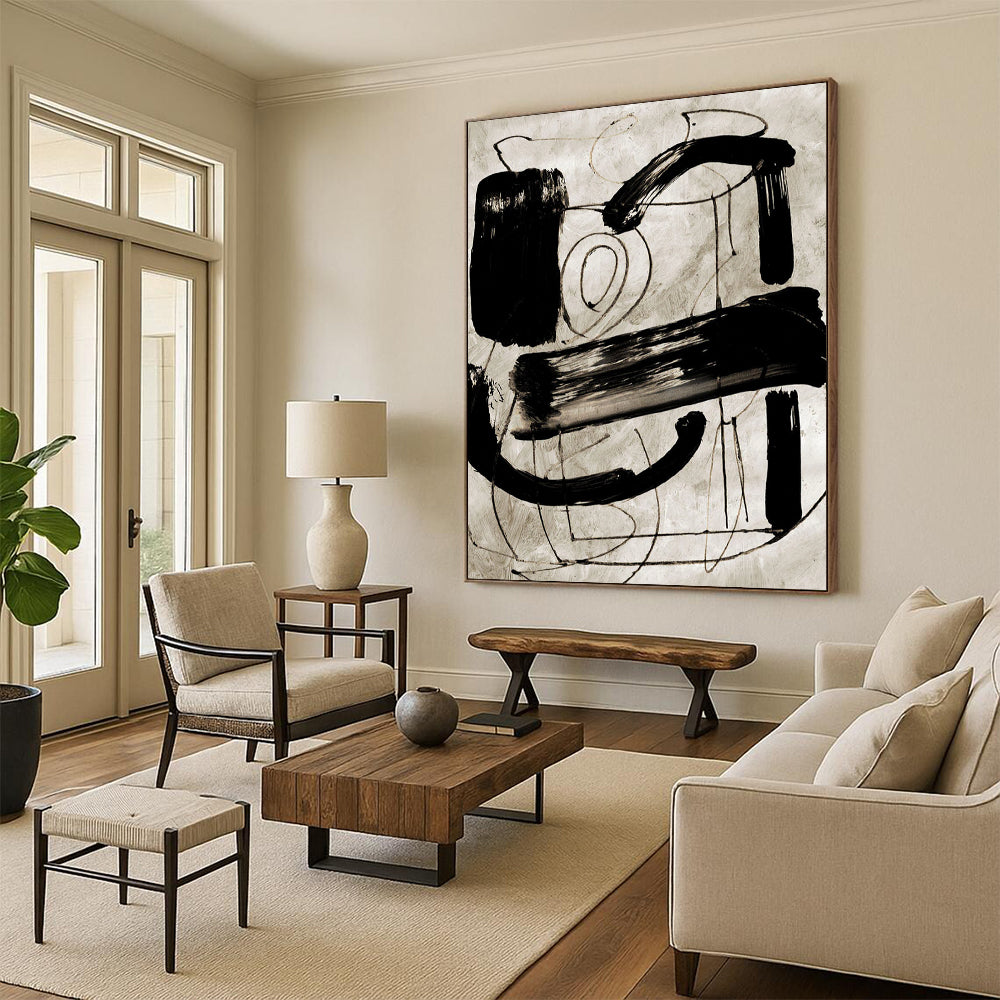 “Dynamic Black - and - White Gestures” - Abstract Expressionist Painting On Canvas DTP169