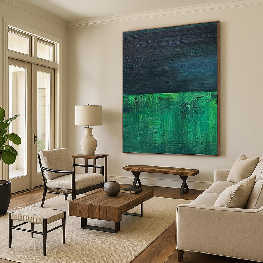 “Dark Green & Blue Layers” - Dark Green & Blue Abstract Minimalist Painting On Canvas DKH1201
