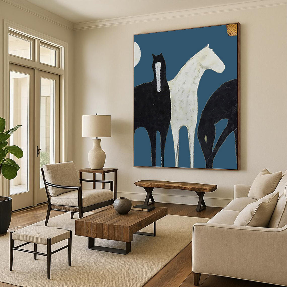 Stylized Black and White Horses on Blue - Equine Painting On Canvas DKH1440