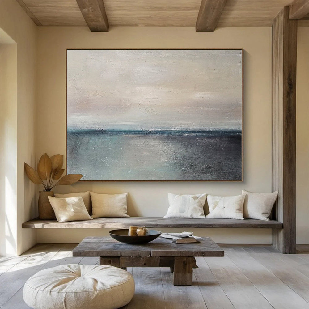 “Gray, Blue, Minimalist ‘Calm Horizon’” - Abstract Seascape Painting On Canvas DLZ017