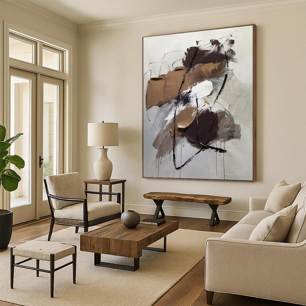 Brown, Gray & White Dynamic Forms, “Subtle Energy” - Impasto Abstract Painting CT0775
