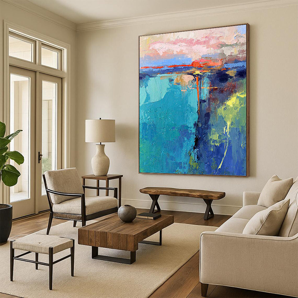 “Colorful Abstract Sunset” - Blue, Pink, Orange & Green Landscape - Inspired Painting On Canvas DKH1030