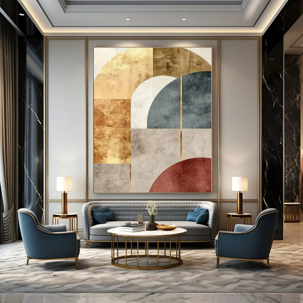 Geometric Arches: Gold, Blue & Rust - Abstract Minimalist Print CT1246