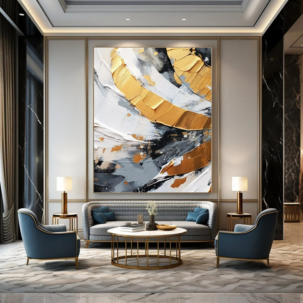 Black - White Gold Swirl - Abstract Impasto Oil Painting CT1243