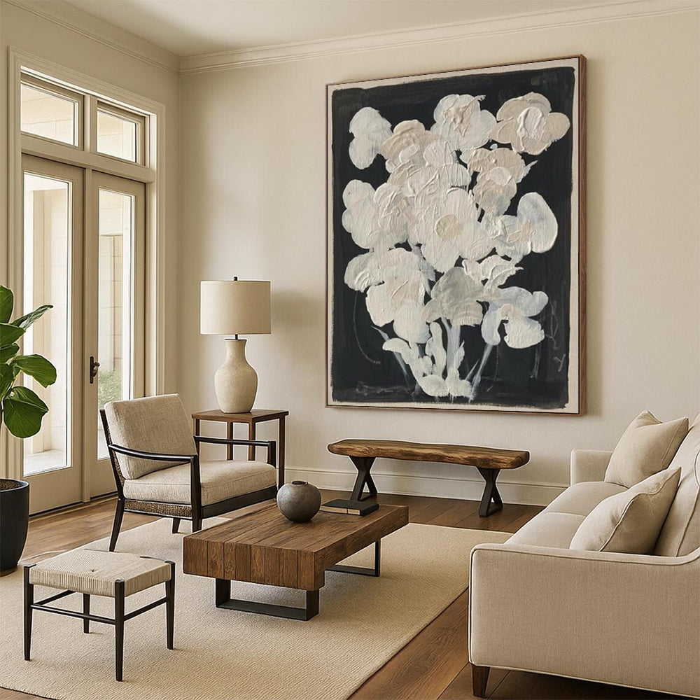 “White Flowers on Black” - Minimalist Floral Painting On Canvas DTP140