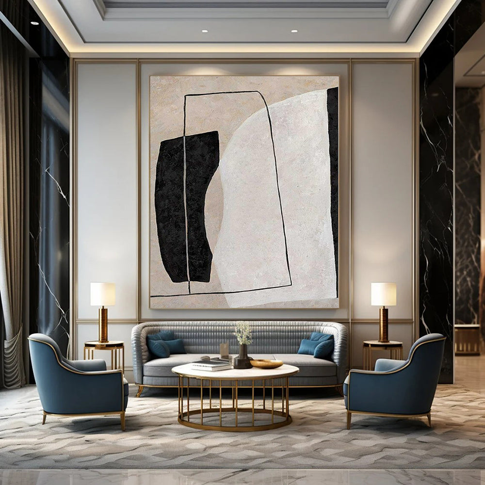 “Beige, Black, and White Geometric Composition” – Minimalist Geometric Painting(Variation) CT1123