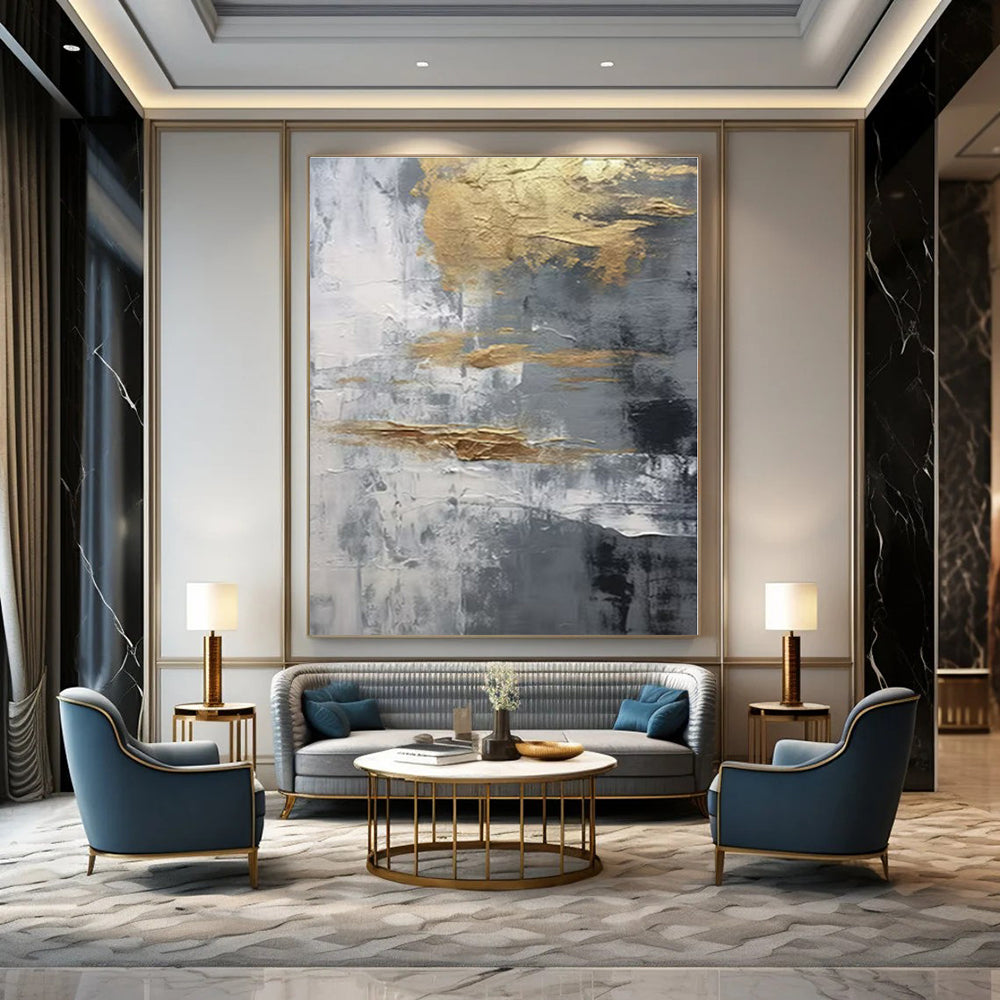 Grey - Gold Textured Abstraction - Abstract Impasto Oil CT1260