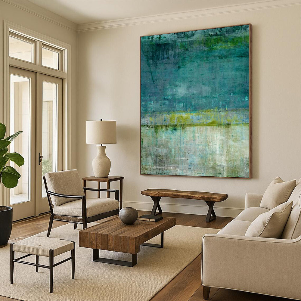 Teal & Green Textured Stripes - Minimalist Textured Painting On Canvas CT2274