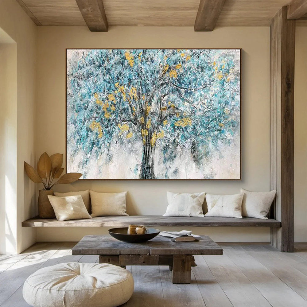 Blue Tree with Yellow Blossoms - Blue, Yellow & Gray Landscape Painting On Canvas DKH889