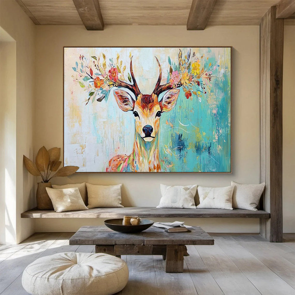 “Floral - Antlered Deer” - Whimsical Animal Painting On Canvas DKH803