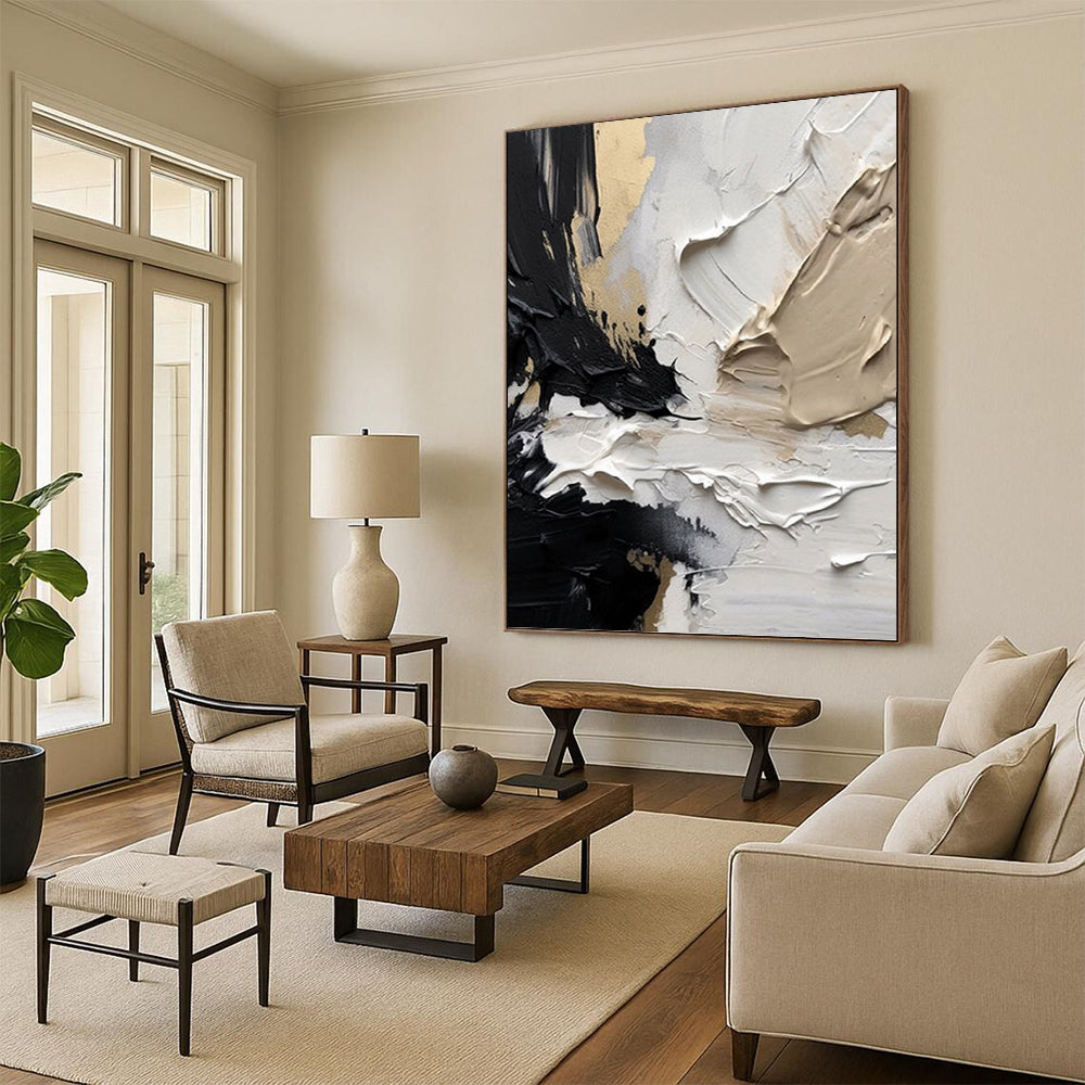 “Black, White & Gold Textured Drama” - Black, White, Gold & Gray Impasto Painting On Canvas DKH1025