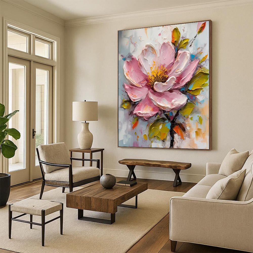 “Pink Blossom in 3D” - Pink, Yellow & Green Flower Painting On Canvas CT2200