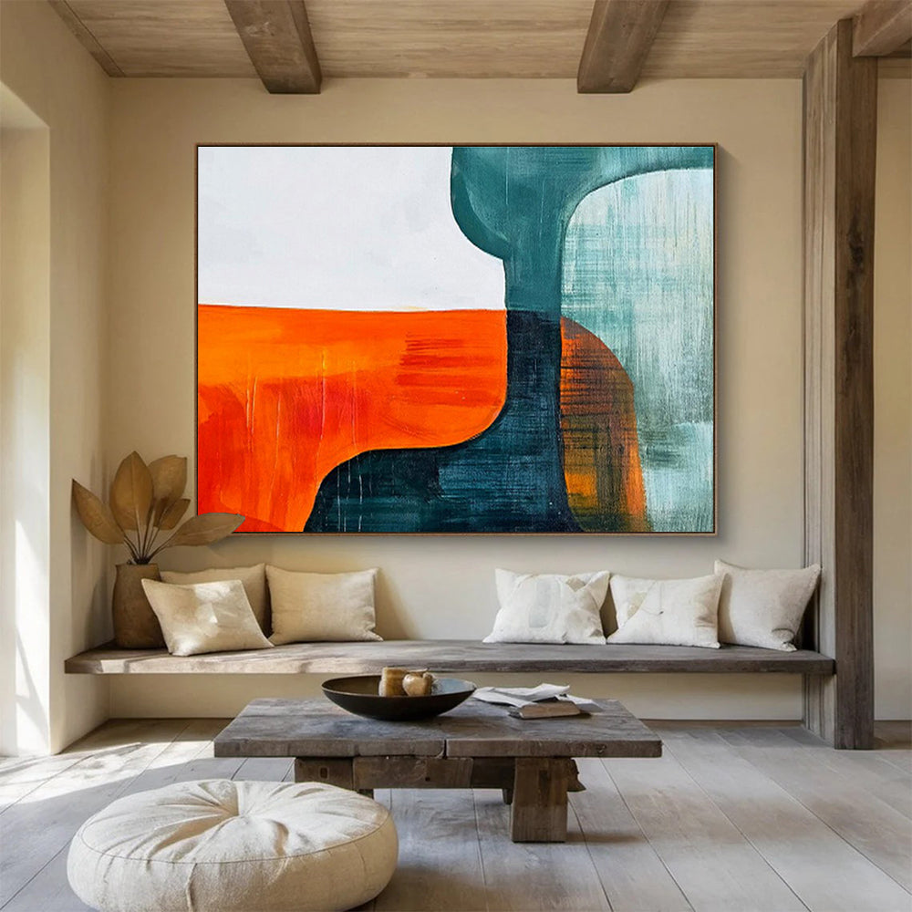 Orange Teal and Blue Shapes Vibrant Geometric Abstract Painting On Canvas DKH265