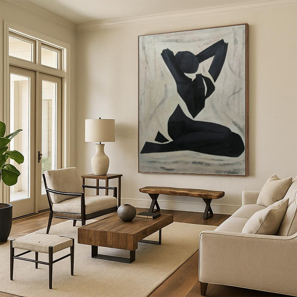“Abstract Figure” - Black and White Minimalist Figure Painting On Canvas DKH1565