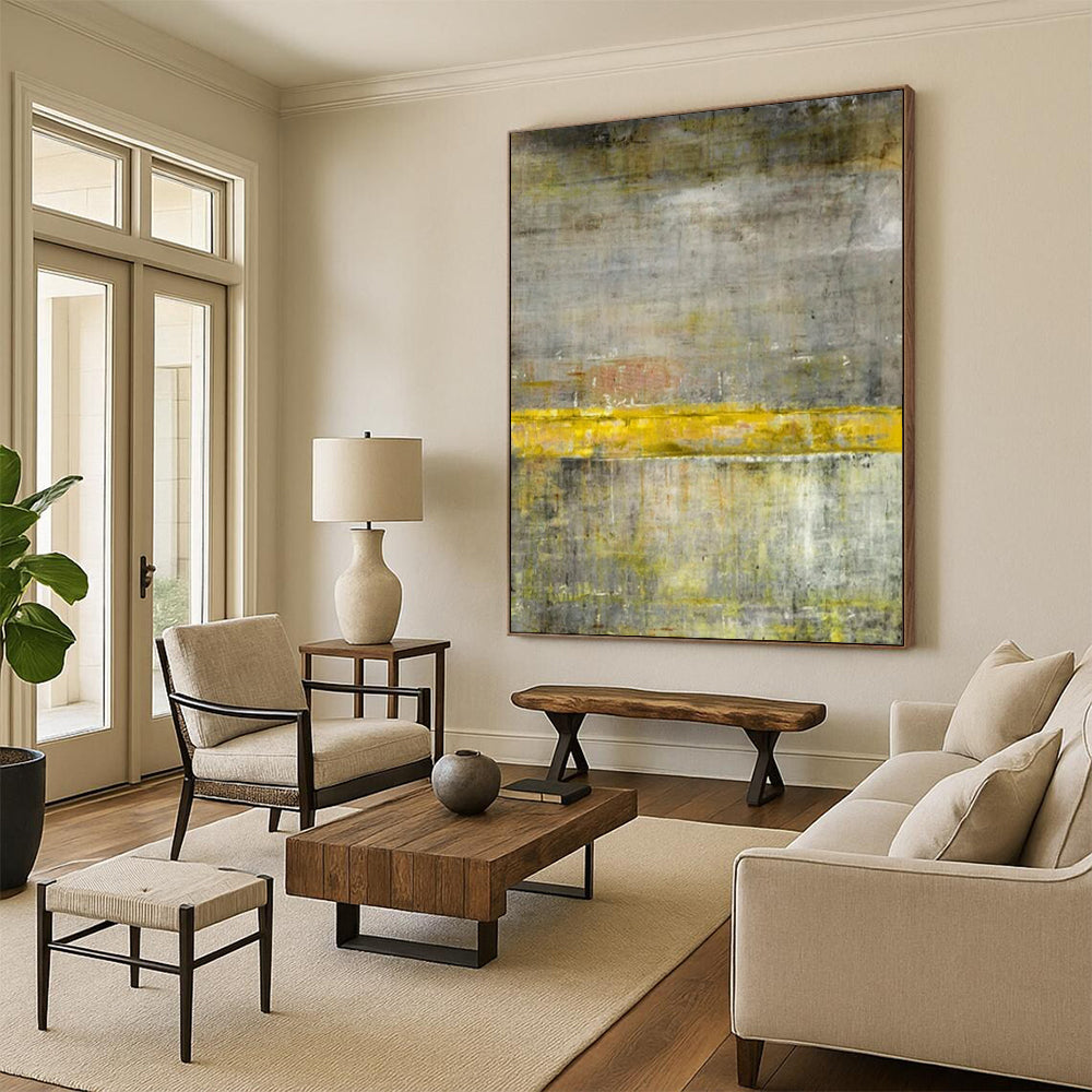 Gray & Yellow Abstract Divide - Minimalist Abstract Painting On Canvas CT2294