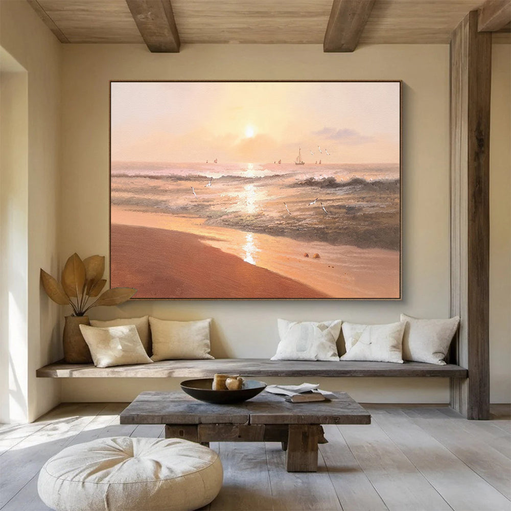 “Sunset Beach Serenade” - Orange, Pink & Gold Romantic Seascape Painting On Canvas DLZ264