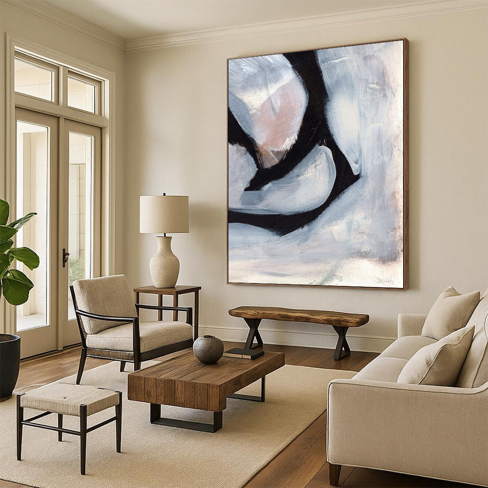 “Black & White Abstract Shapes” - Black, White Abstract Painting On Canvas DTP228