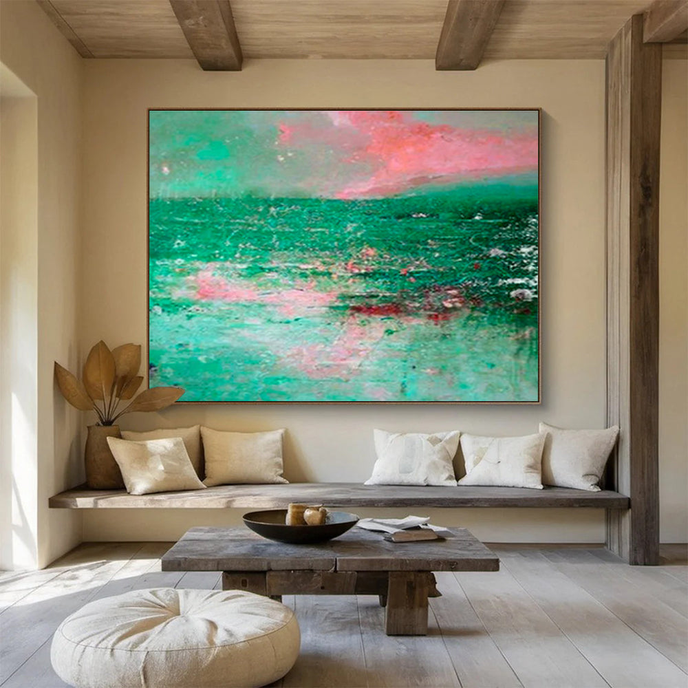 “Pink & Green Abstract Seascape” Abstract Expressionist Painting On Canvas DKH398