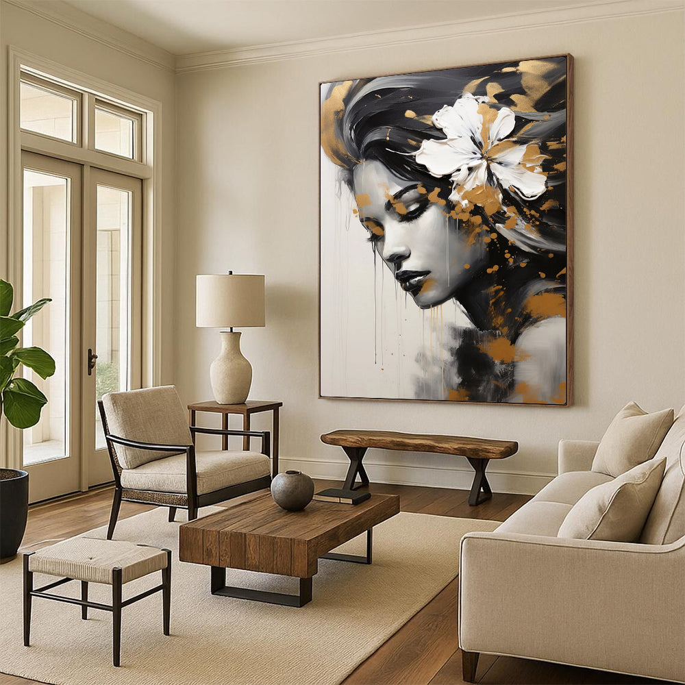 “Black, White, and Gold Portrait” – Impressionistic Oil Painting On Canvas CT2170