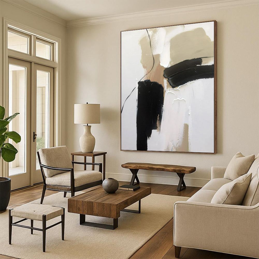 “Black - Beige - White Minimalist Abstraction” ,Abstract Acrylic Painting CT0798