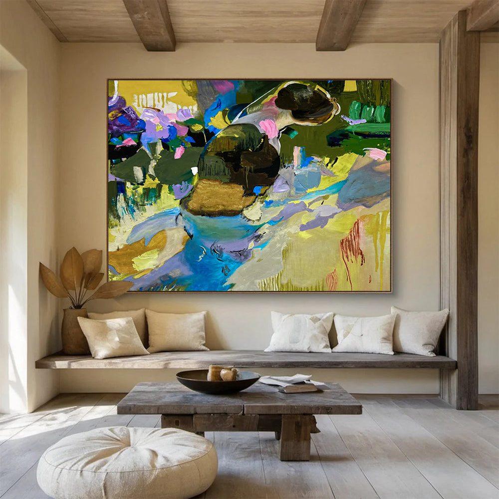 “Color - Drenched Feline in a Garden Dream” - Purple, Blue & Yellow Figurative Abstract Painting On Canvas DKH923