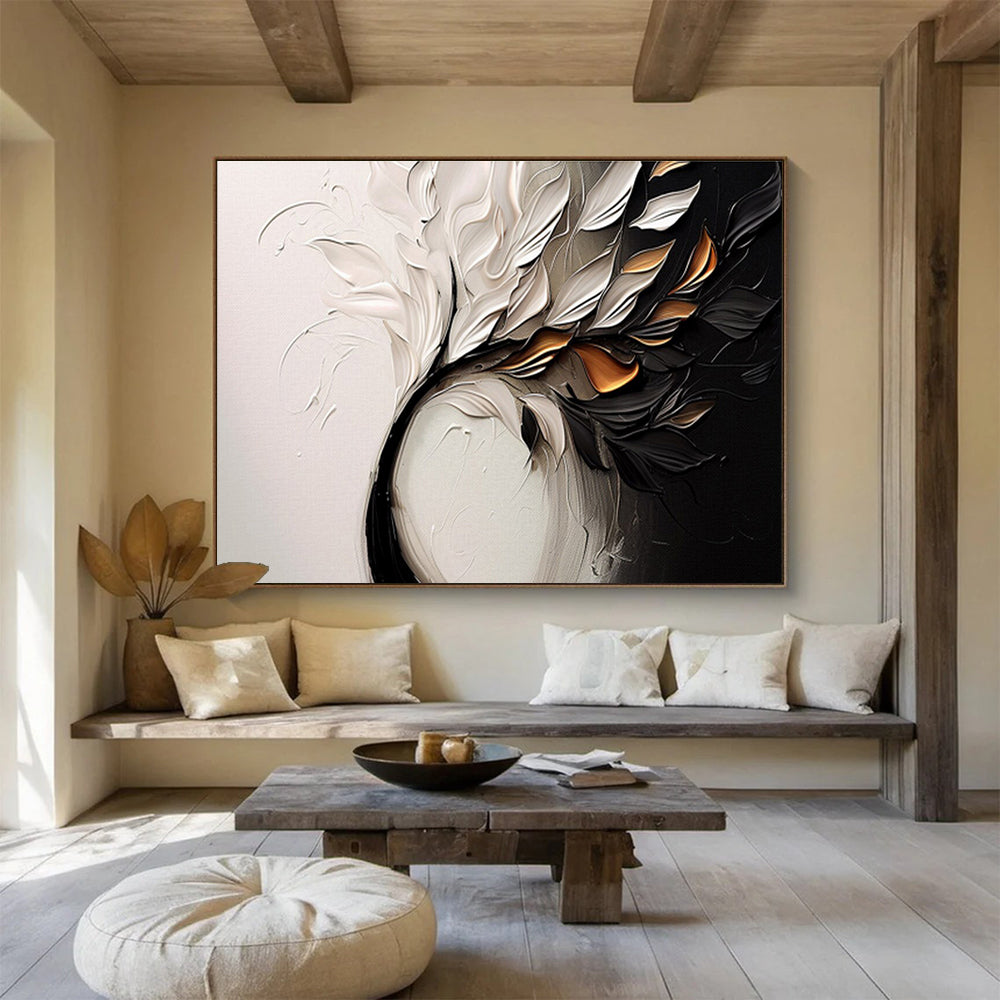 “Textured White & Gold Foliage” - White, Black, Gold 3D Floral Painting On Canvas DKH748