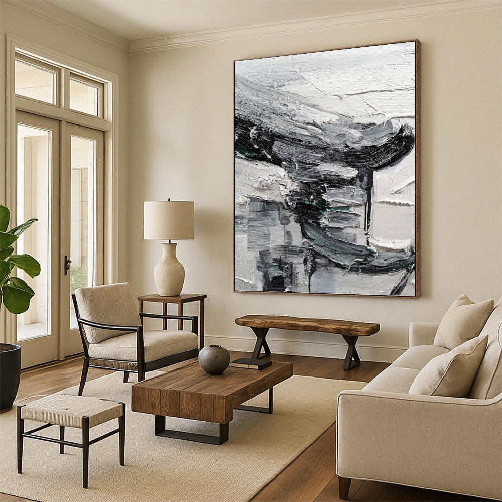 Monochrome Textured Abstraction - Abstract Impasto Painting On Canvas DKH1297