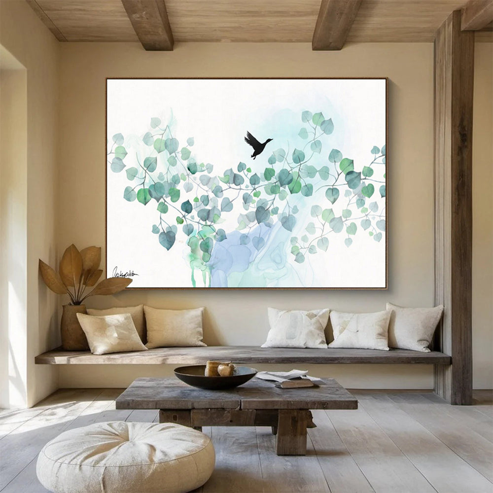 “Minimalist Bird and Foliage” Watercolor - Style Nature Painting On Canvas DKH539