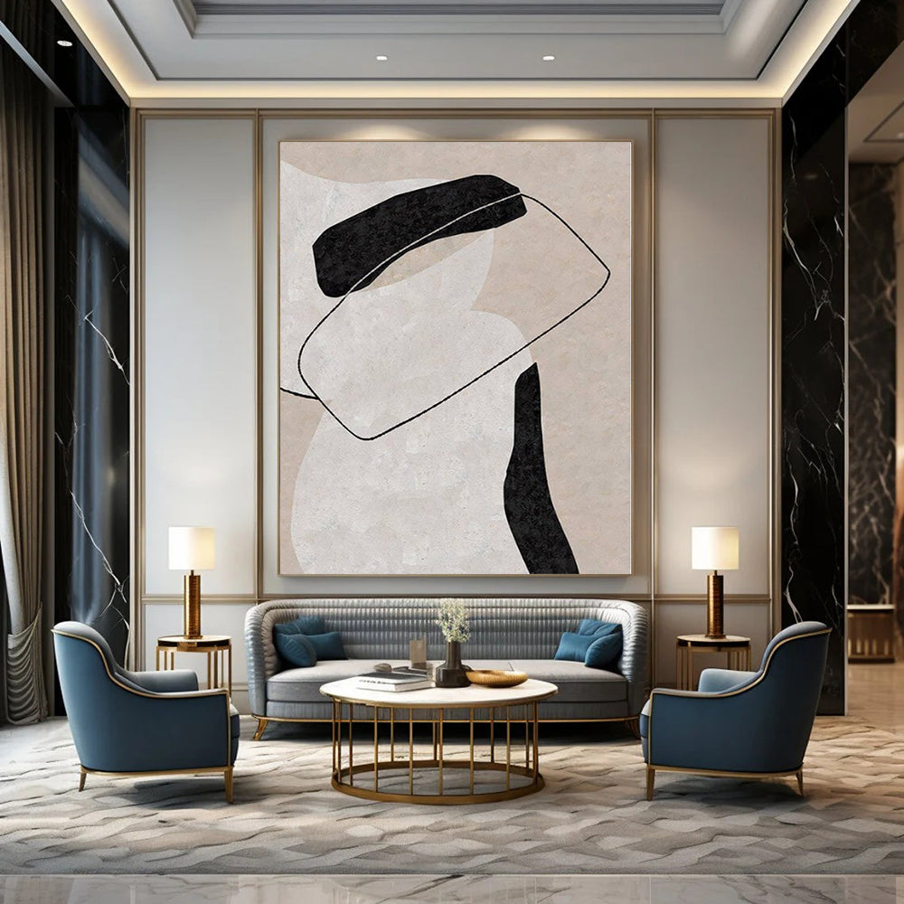 “Beige, Black, and White Interlocking Forms” – Geometric Abstract Painting(Variation) CT1122