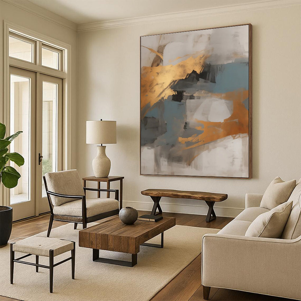 “Gray - Gold - Blue Abstract Blocks” ,Abstract Acrylic Painting CT0848