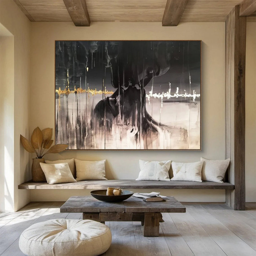 Dark Abstract Figure - Black, White & Gold Figurative Painting On Canvas DKH900