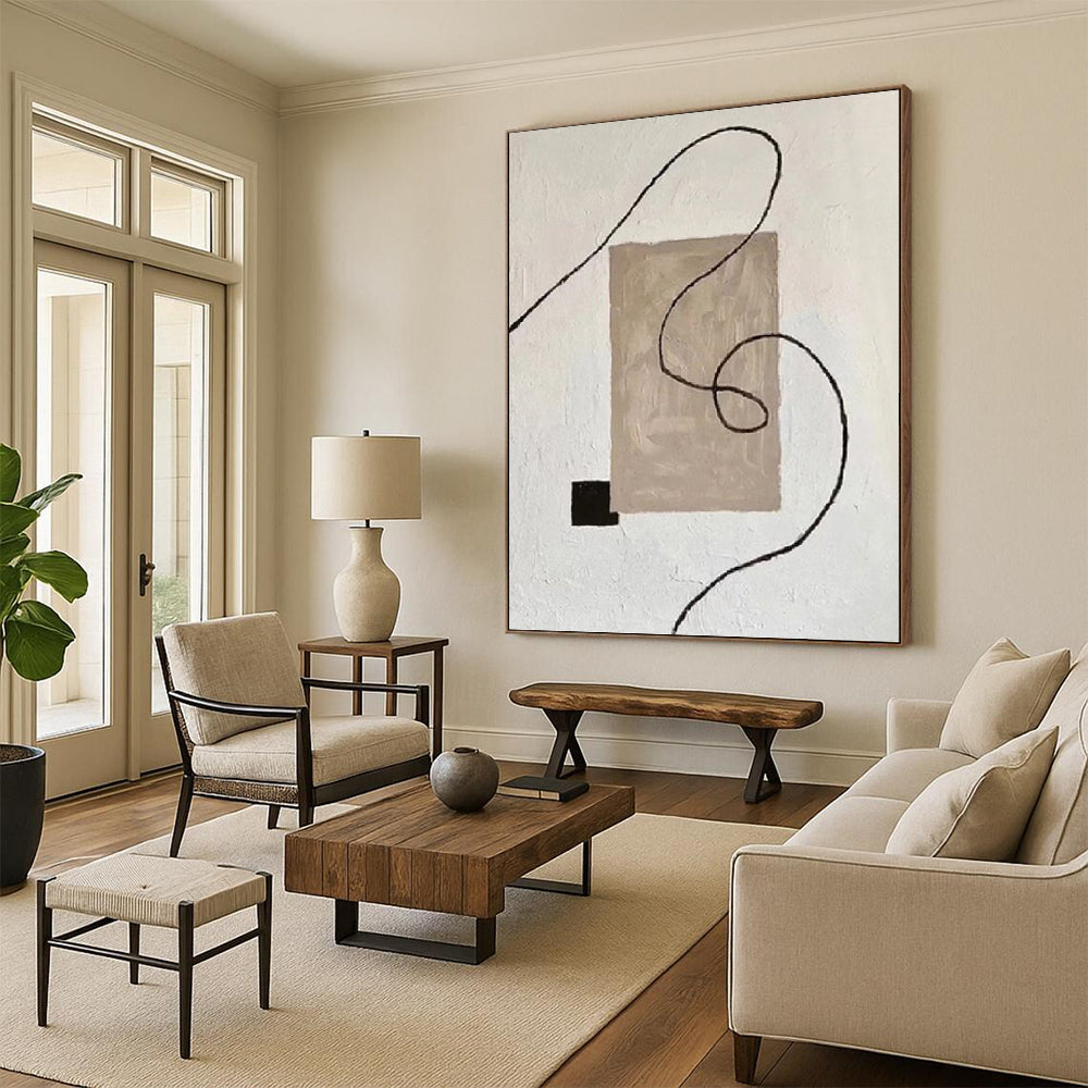 Minimalist Beige, Black, and Line Abstract - Abstract Painting On Canvas DKH1327