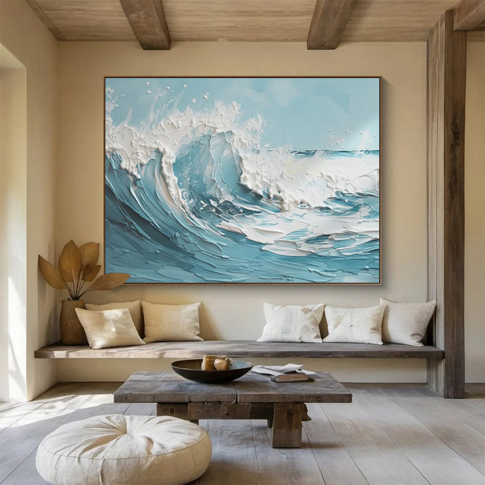 3D Textured Ocean Wave - Blue and White Impasto Painting On Canvas DKH042