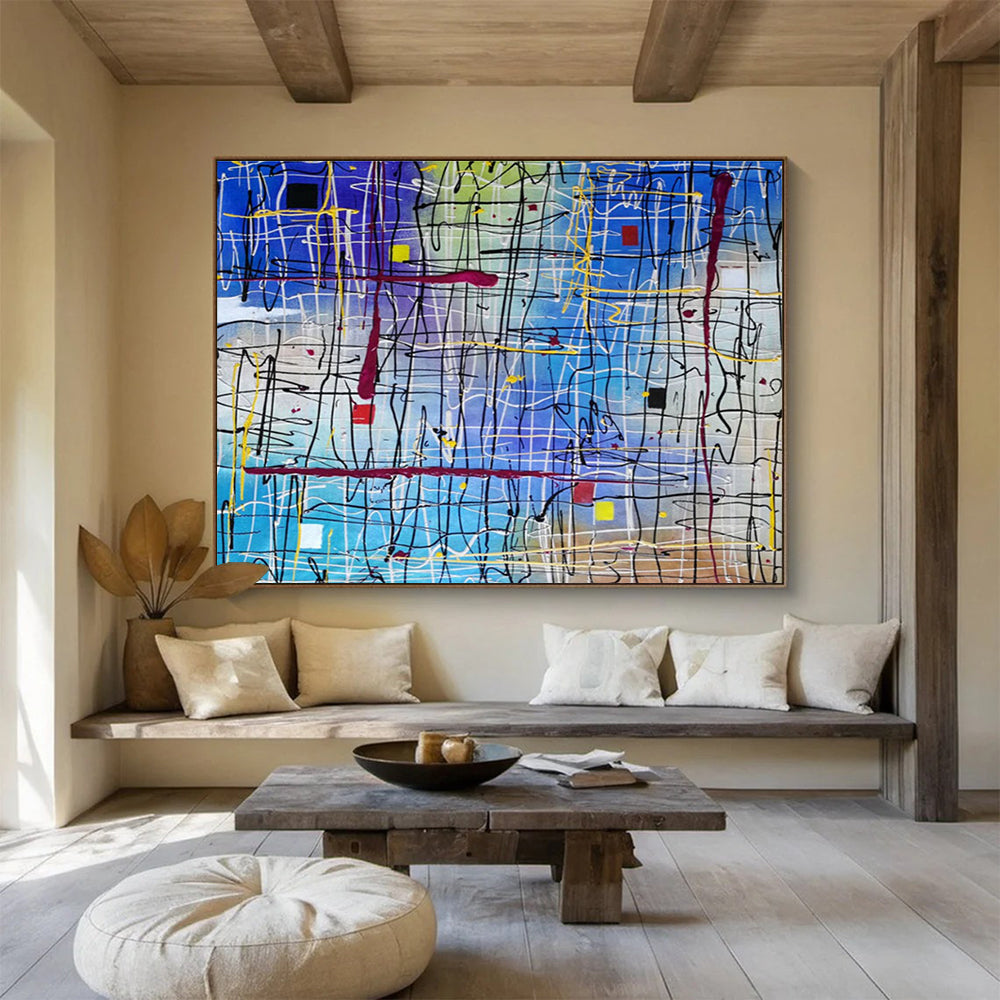“Colorful Line Grid Abstract” - Vibrant Abstract Painting On Canvas DKH849