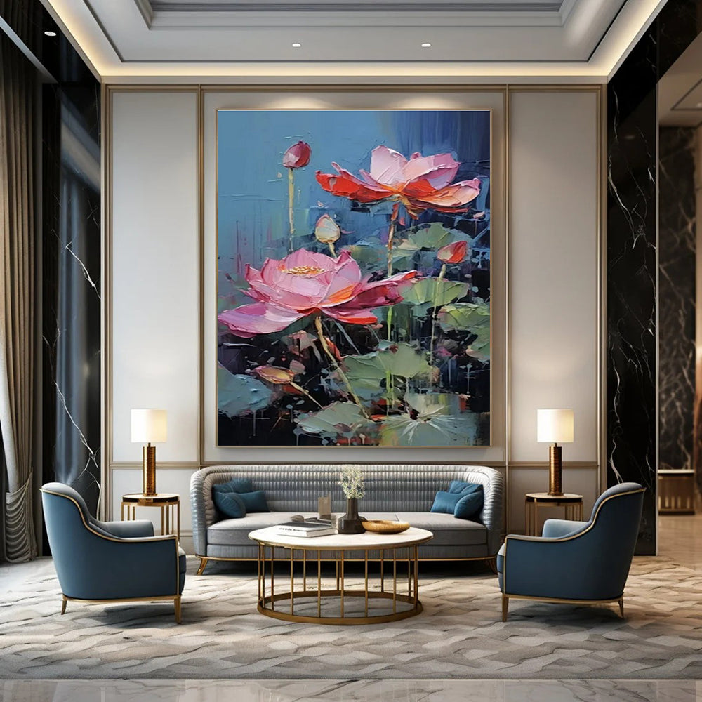 Pink & Red Lotuses, Textured Petals - "Lotus Rhapsody" - Impasto Oil Painting CT1436