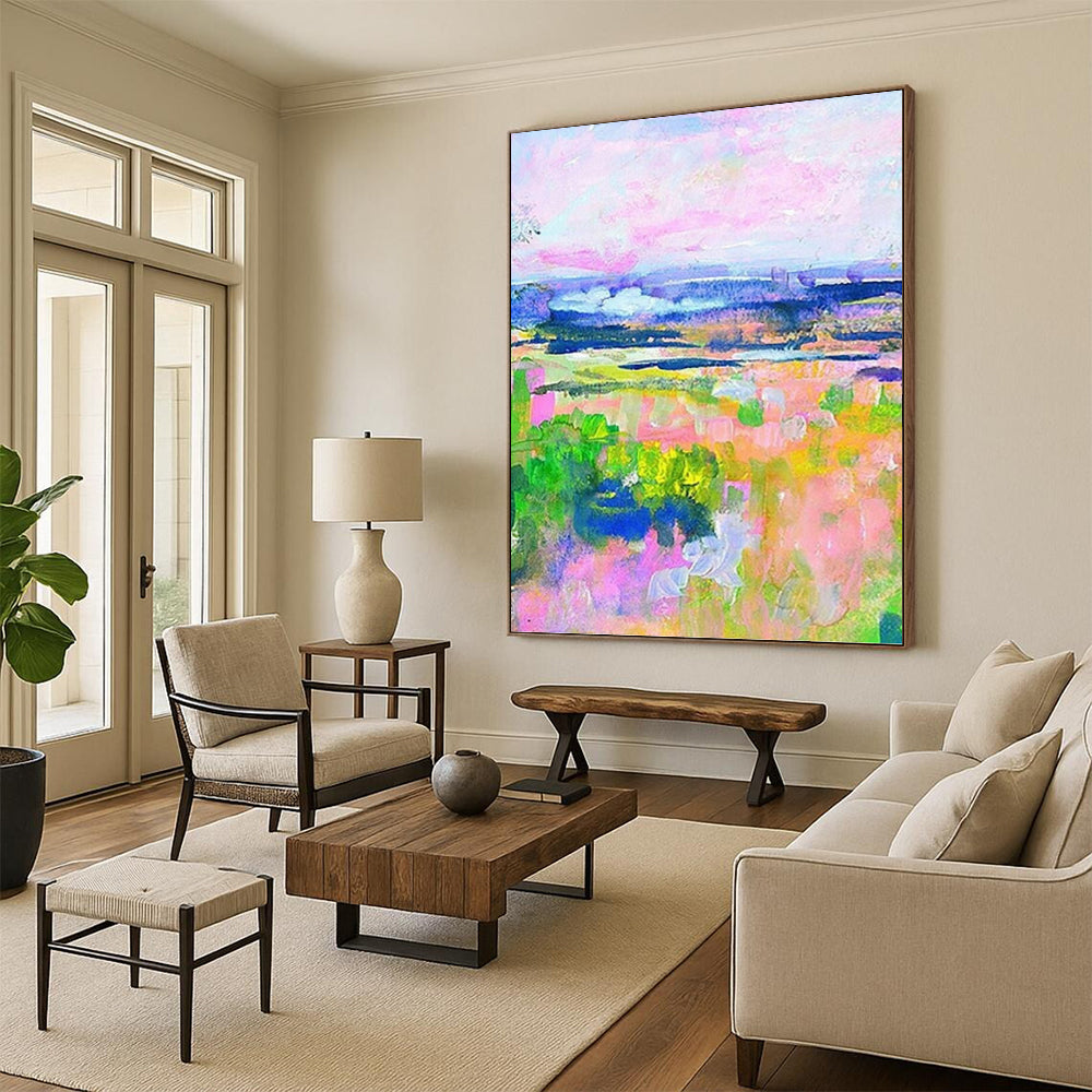 “Colorful Pastel Landscape” - Pink, Purple & Green Impressionistic Painting On Canvas DKH0934