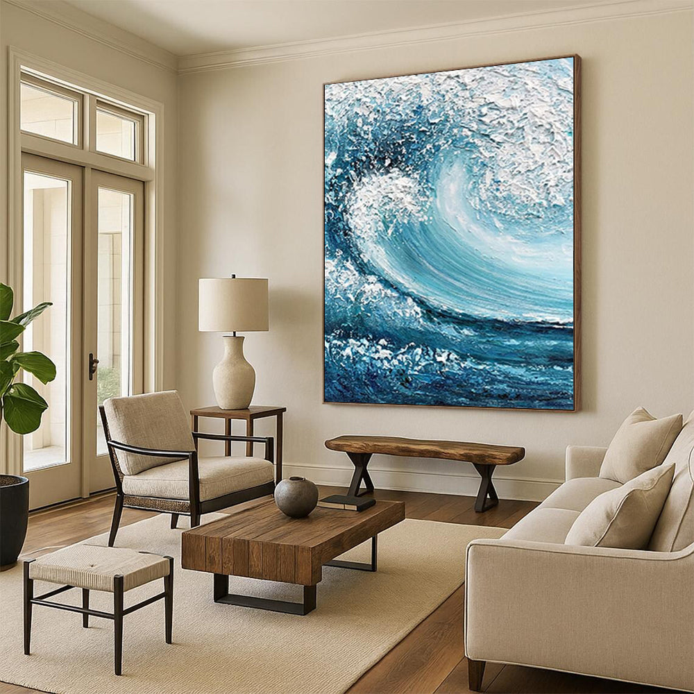 “Blue, White Impasto Wave ‘Crashing Power’” - Textured Sea Wave Painting On Canvas DTP322