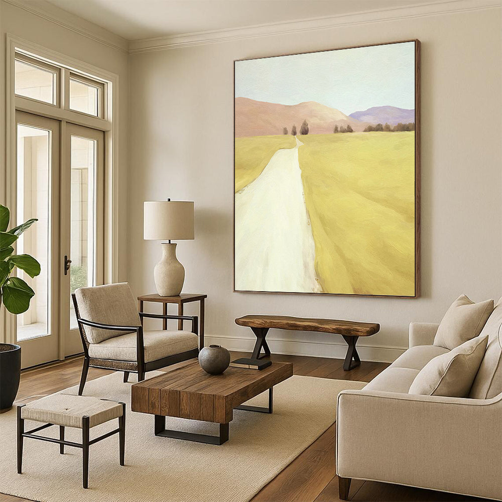 Yellow Field and Path in Soft Tones - Landscape Painting On Canvas DKH1415