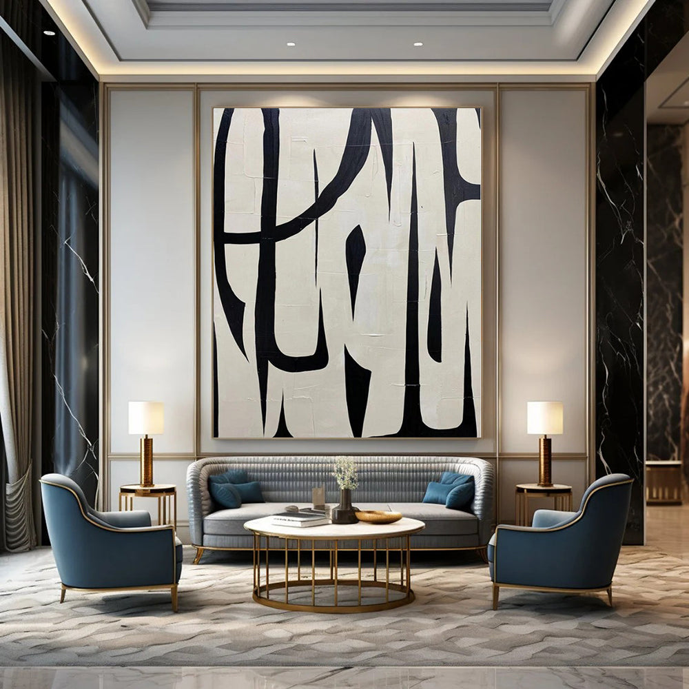 “Black - White Bold Linear Forms” – Graphic Abstract Painting CT1133