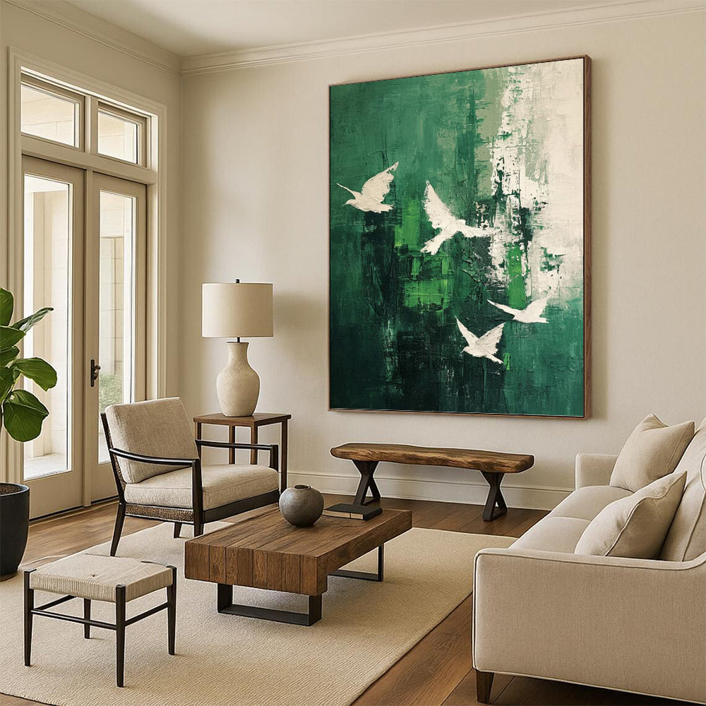 White Doves on Green Abstract - Abstract Painting On Canvas DKH1311