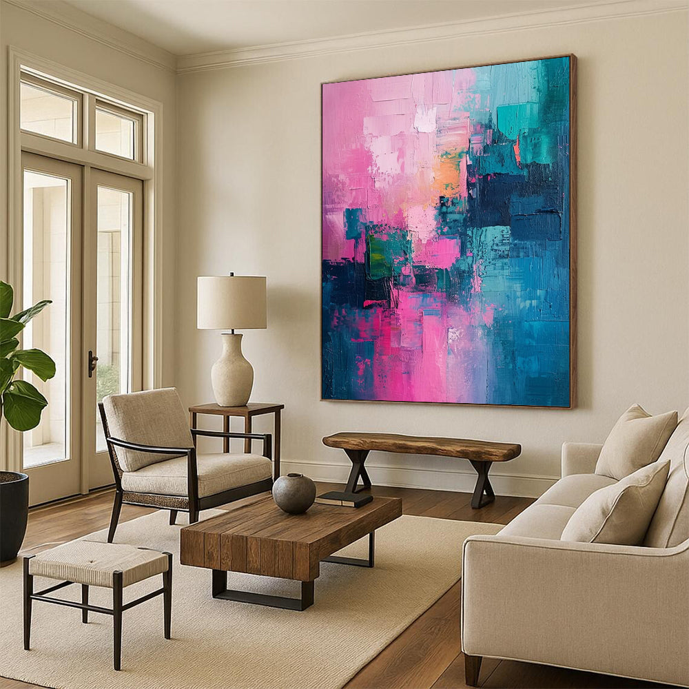 “Pink - Teal Abstract Blocks” - Abstract Expressionist Painting On Canvas DTP061